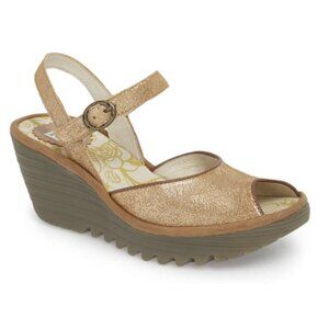 FLY LONDON Leather Yora Wedge Sandals in Metallic Gold Sz US 7.5-8 / EU 38